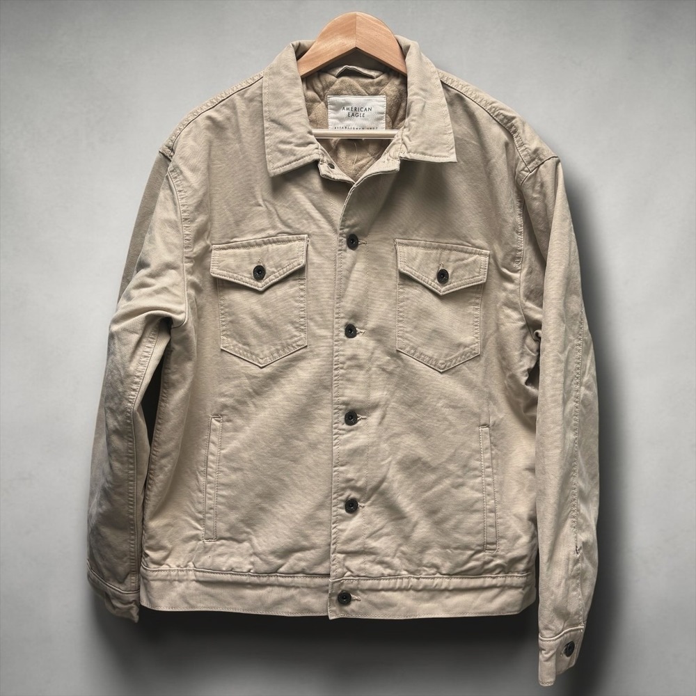 American Eagle Mens Khaki Tan Canvas Quilted Lined Trucker Jacket Large NEW